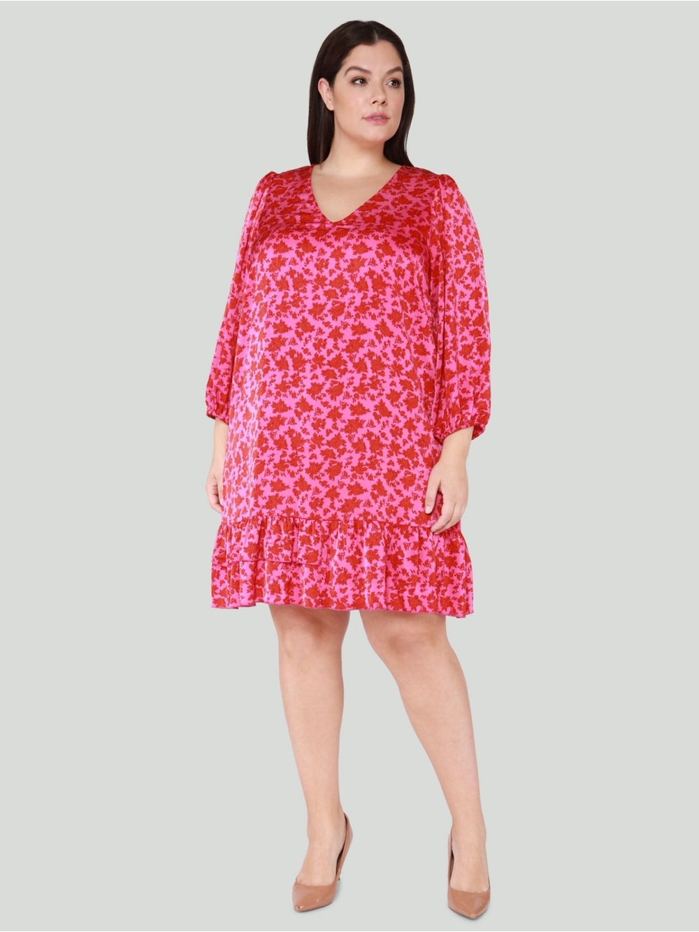 Black Tape Pink and Red Floral V-Neck Ruffle Hem Dress size 1X